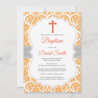Oranje Damask Cross Baptisme Uitnodiging