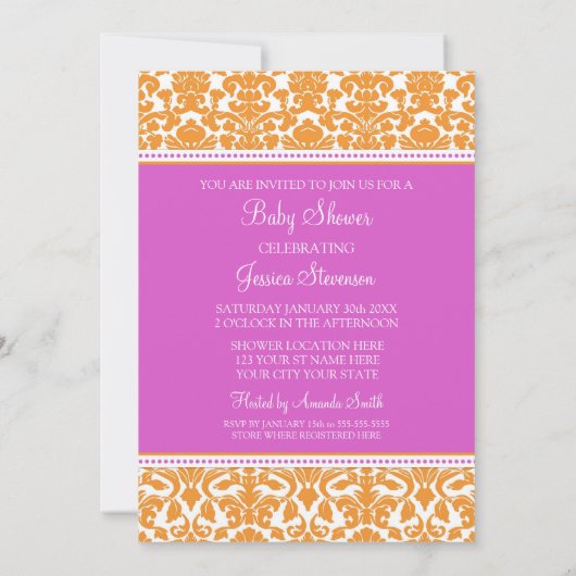 Oranje Damask Douane Baby Shower-uitnodigingen Kaart (Achterkant)