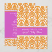 Oranje Damask Douane Baby Shower-uitnodigingen Kaart (Voorkant / Achterkant)