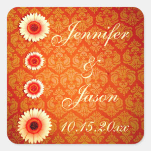 Oranje Damask en Roze Daisies Vierkante Sticker