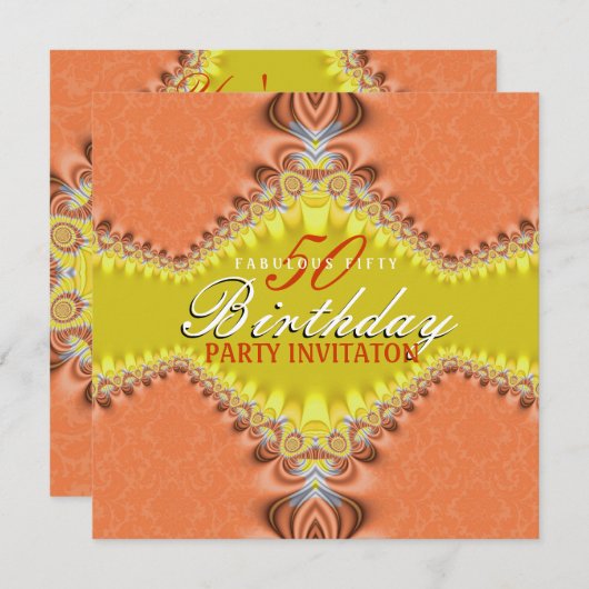 Oranje Damask Fab 50ste Verjaardagsfeestuitnodigin Kaart (Voorkant / Achterkant)
