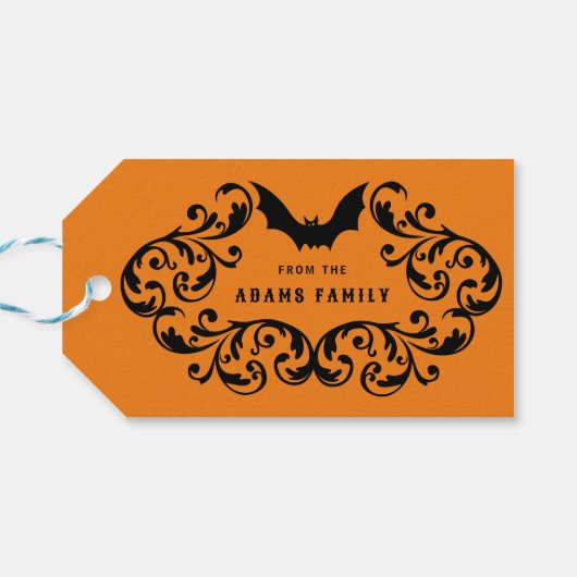 Oranje Damask Glam Bats en Spider Happy Halloween Cadeaulabel (Achterkant Horizontaal)
