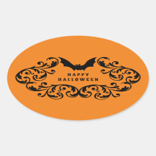Oranje Damask Glam Bats en Spider Happy Halloween Ovale Sticker