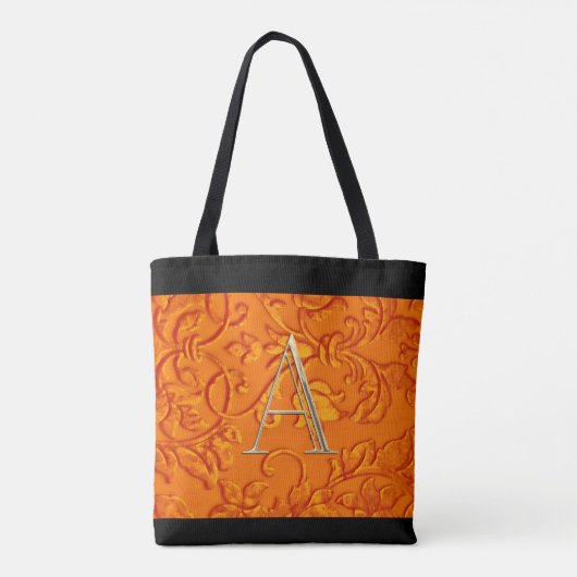 Oranje Damask Gold Monogram Initiaal Tote Bag (Achterkant)