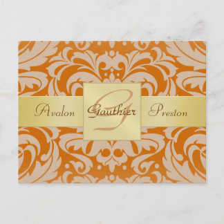 Oranje Damask Gold Monogram Save the Date Briefkaa Aankondigingskaart