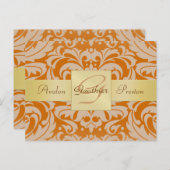 Oranje Damask Gold Monogram Save the Date Briefkaa Aankondigingskaart (Voorkant / Achterkant)