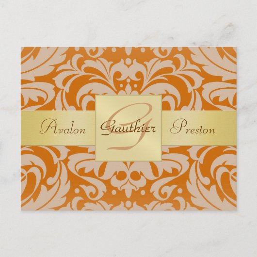 Oranje Damask Gold Monogram Save the Date Briefkaa Aankondigingskaart (Voorkant)