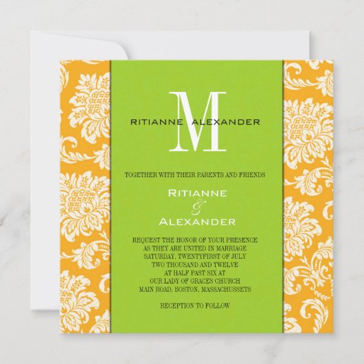 Oranje Damask Green Monogram Weddenschap Kaart (Voorkant)