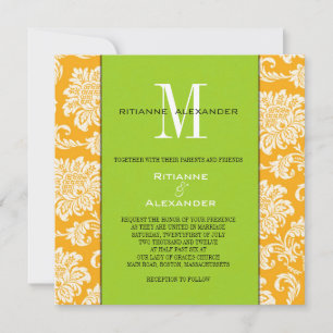 Oranje Damask Green Monogram Weddenschap Kaart