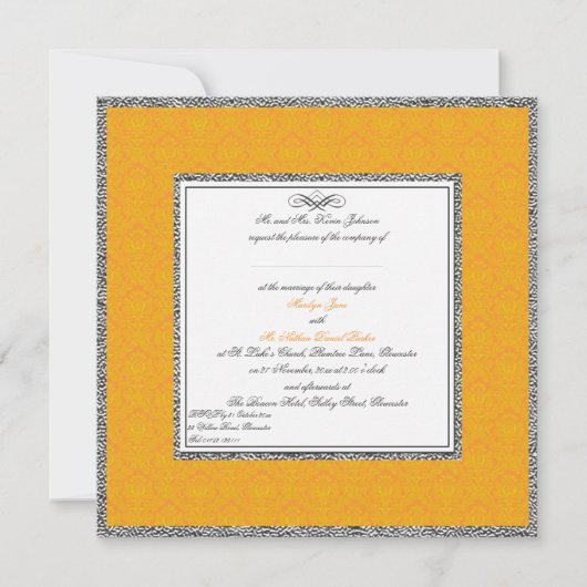 Oranje Damask met Pewter U.K. Wedding Invitation Kaart (Voorkant)
