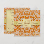 Oranje Damask Monogram Gold Ribbon Uitnodiging (Voorkant / Achterkant)