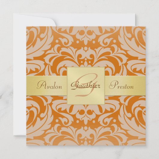 Oranje Damask Monogram Gold Ribbon Uitnodiging (Voorkant)