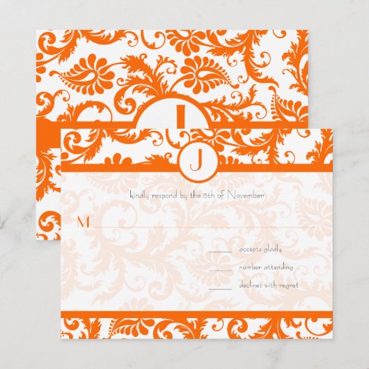 Oranje Damask Monogram Trouw Uitnodiging (Voorkant / Achterkant)