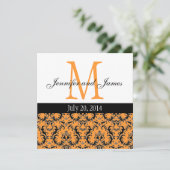 Oranje Damask Monogram Weddenschap 3 Kaart (Staand voorkant)