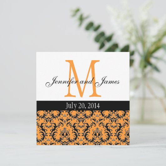 Oranje Damask Monogram Weddenschap 3 Kaart (Staand voorkant)