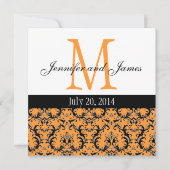 Oranje Damask Monogram Weddenschap 3 Kaart (Voorkant)
