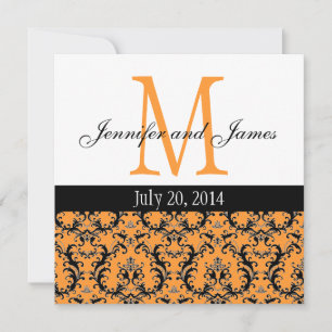 Oranje Damask Monogram Weddenschap 3 Kaart