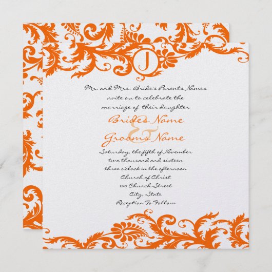 Oranje Damask Monogram Weddenschap Kaart (Voorkant / Achterkant)