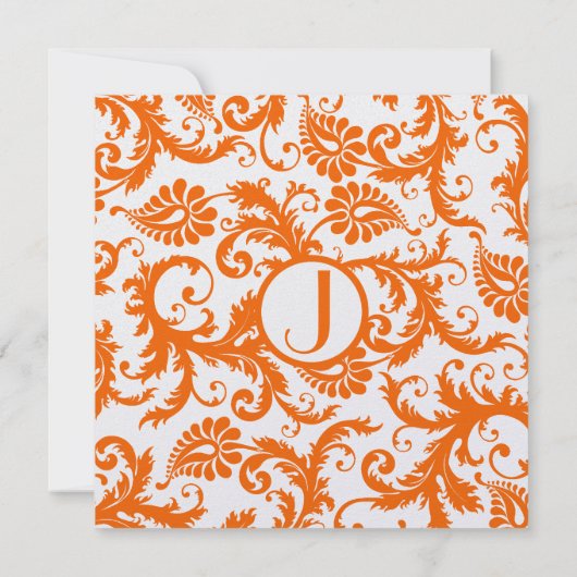 Oranje Damask Monogram Weddenschap Kaart (Achterkant)