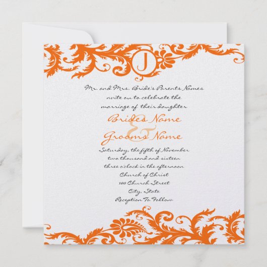Oranje Damask Monogram Weddenschap Kaart (Voorkant)