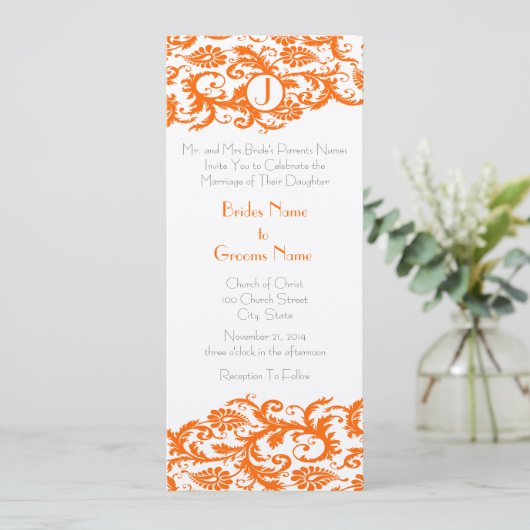 Oranje Damask Monogram Weddenschap Kaart (Staand voorkant)