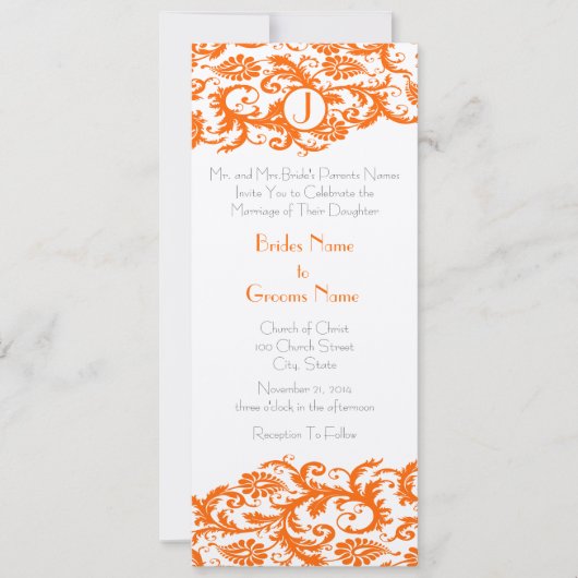 Oranje Damask Monogram Weddenschap Kaart (Voorkant)