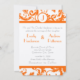 Oranje Damask Monogram Weddenschap Kaart