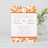 Oranje Damask Monogram Weddenschap Kaart (Staand voorkant)