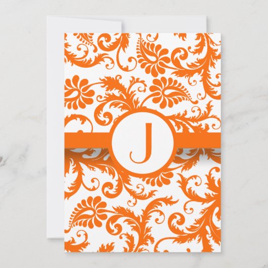 Oranje Damask Monogram Weddenschap Kaart (Achterkant)