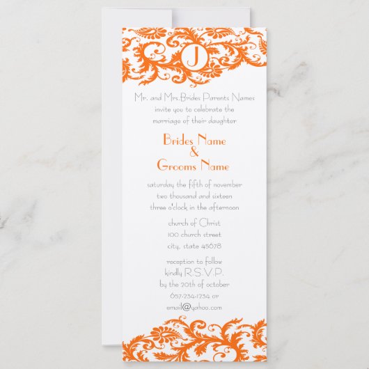 Oranje Damask Monogram Weddenschap Kaart (Voorkant)