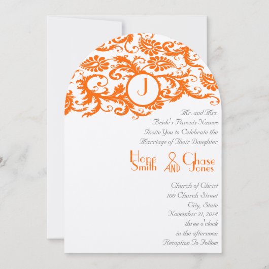 Oranje Damask Monogram Weddenschap Kaart (Voorkant)