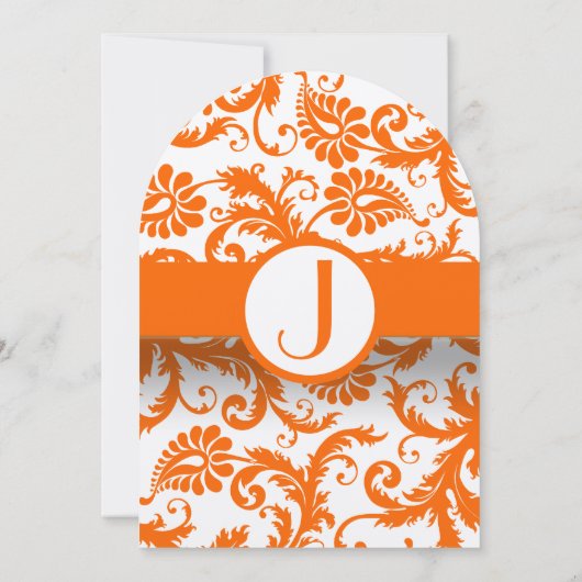 Oranje Damask Monogram Weddenschap Kaart (Achterkant)