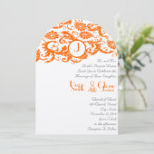 Oranje Damask Monogram Weddenschap Kaart (Staand voorkant)