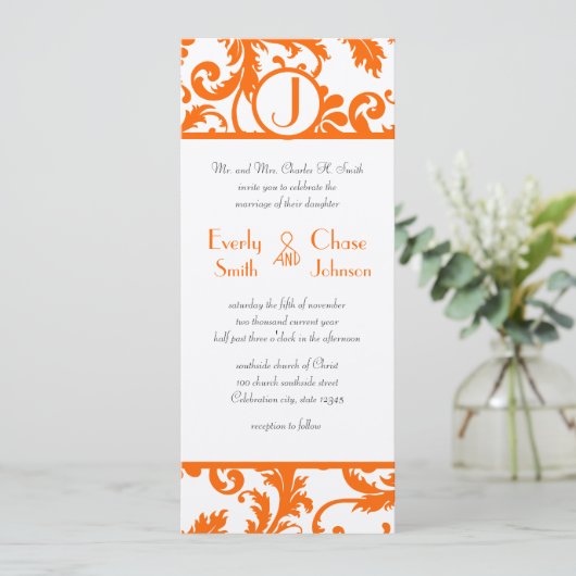 Oranje Damask Monogram Weddenschap Kaart (Staand voorkant)