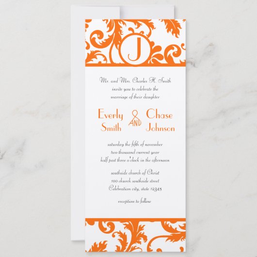 Oranje Damask Monogram Weddenschap Kaart (Voorkant)
