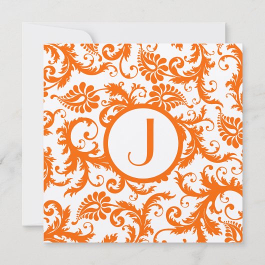 Oranje Damask Monogram Weddenschap Kaart (Achterkant)