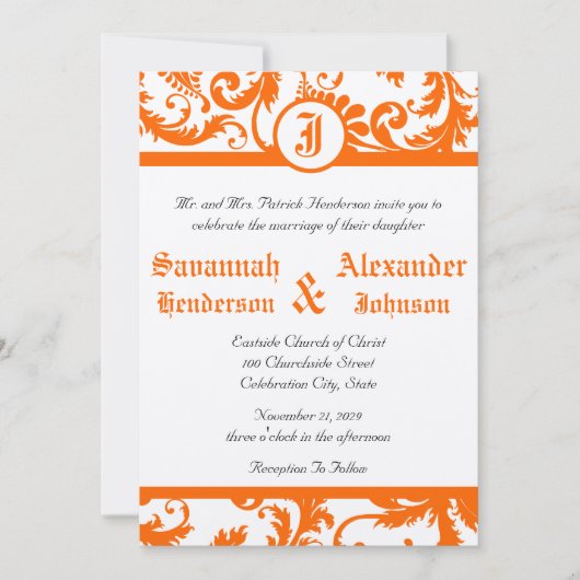 Oranje Damask Monogram Weddenschap Kaart (Voorkant)