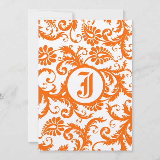 Oranje Damask Monogram Weddenschap Kaart (Achterkant)