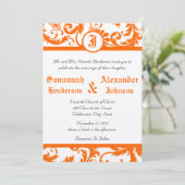 Oranje Damask Monogram Weddenschap Kaart (Staand voorkant)