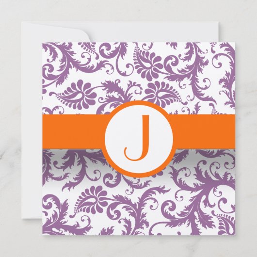 Oranje Damask Monogram Weddenschap Kaart (Achterkant)