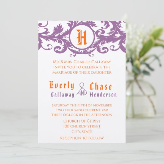 Oranje Damask Monogram Weddenschap Kaart (Staand voorkant)