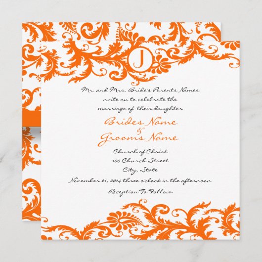 Oranje Damask Monogram Weddenschap Kaart (Voorkant / Achterkant)