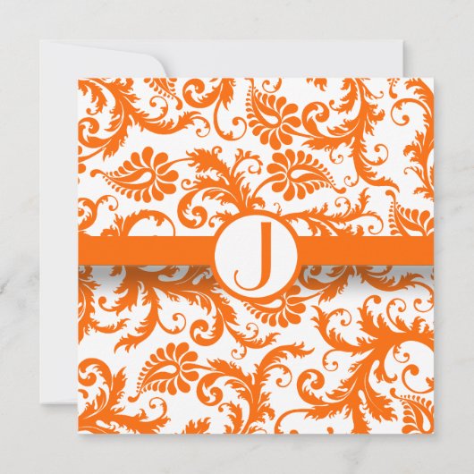 Oranje Damask Monogram Weddenschap Kaart (Achterkant)