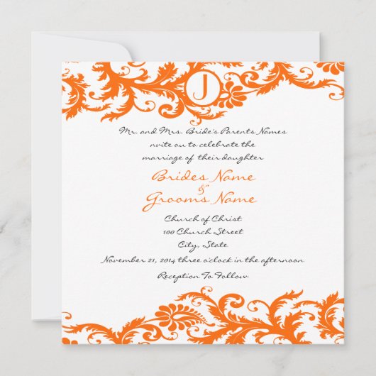 Oranje Damask Monogram Weddenschap Kaart (Voorkant)
