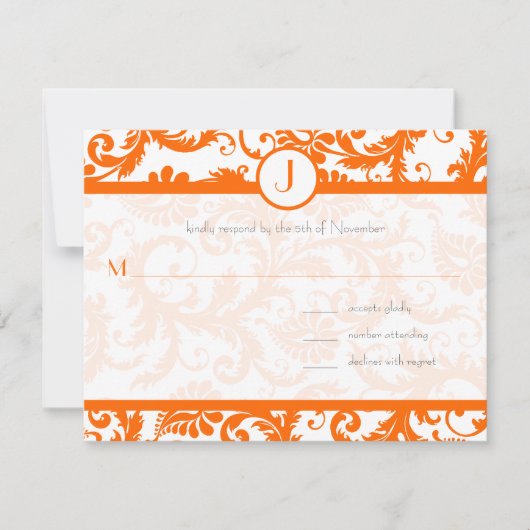 Oranje Damask Monogram Weddenschap Kaart (Voorkant)