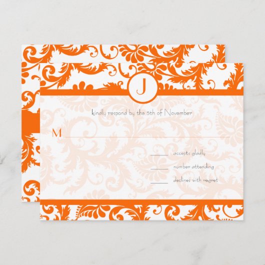 Oranje Damask Monogram Weddenschap Kaart (Voorkant / Achterkant)