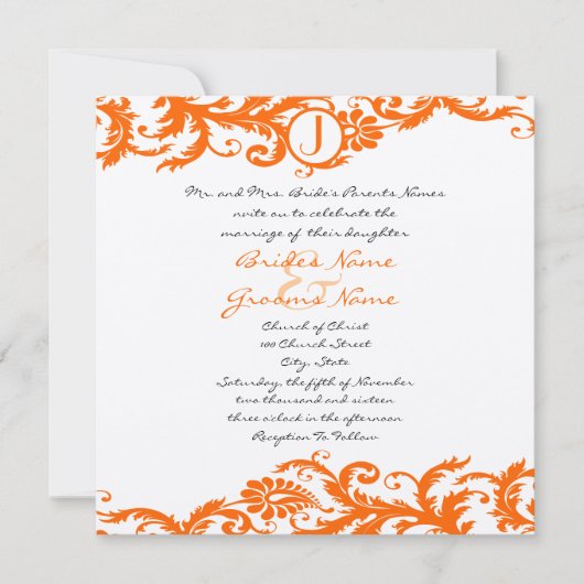 Oranje Damask Monogram Weddenschap Kaart (Voorkant)