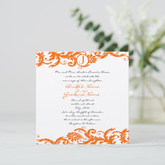 Oranje Damask Monogram Weddenschap Kaart (Staand voorkant)
