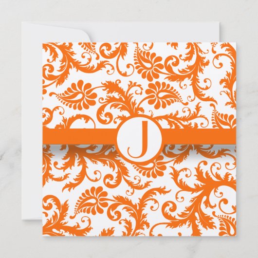 Oranje Damask Monogram Weddenschap Kaart (Achterkant)