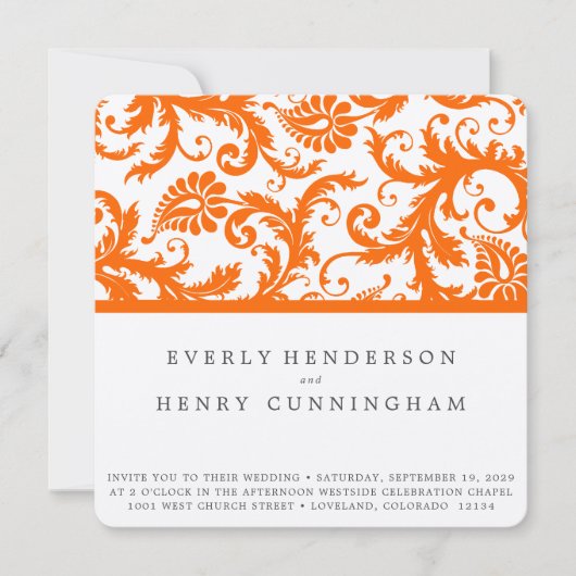 Oranje Damask Monogram Wedding Kaart (Voorkant)